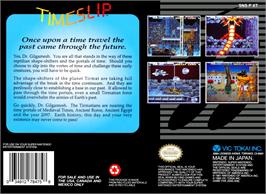 Box back cover for Time Slip on the Nintendo SNES.